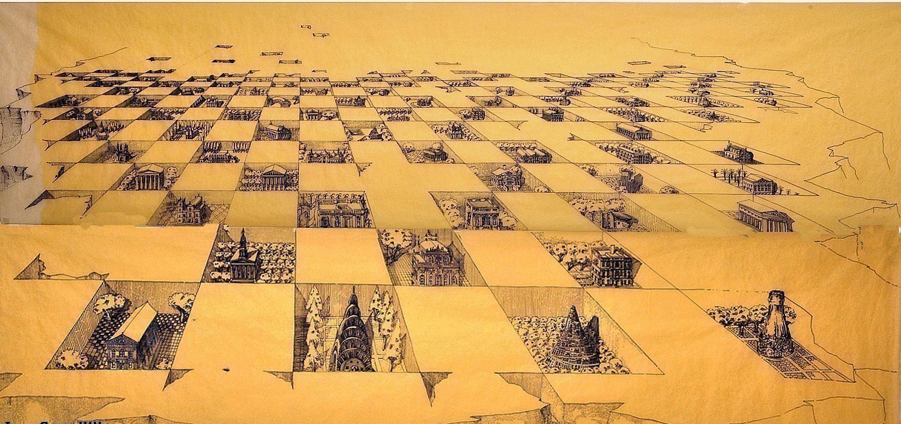 Courtyard City — ink drawing by Gautam Bhatia