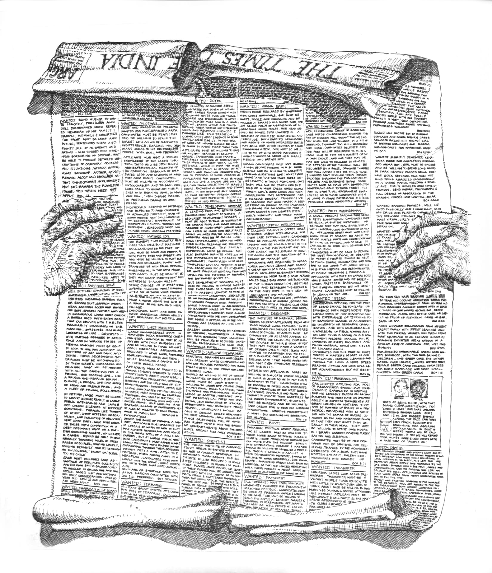 Newspaper Ruin — ink drawing by Gautam Bhatia