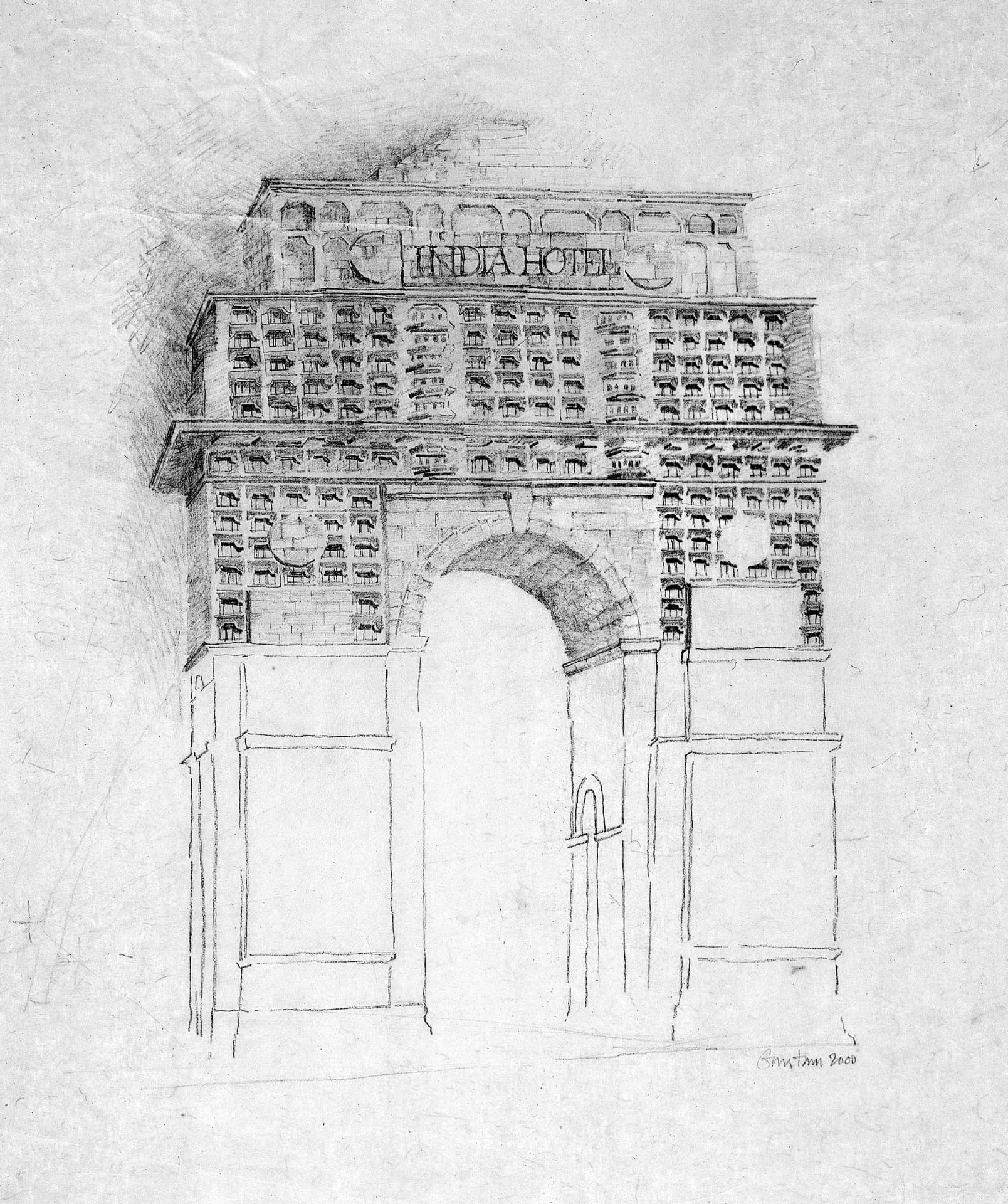 India Gate Hotel — pencil drawing by Gautam Bhatia
