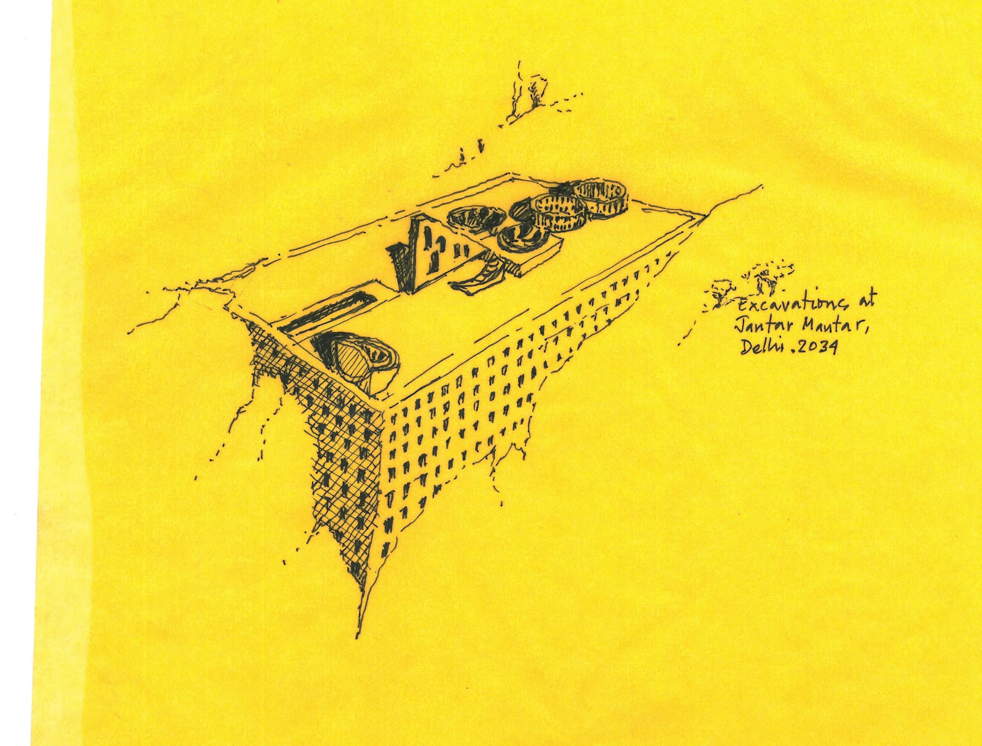 Excavations at Jantar Mantar — pencil drawing by Gautam Bhatia